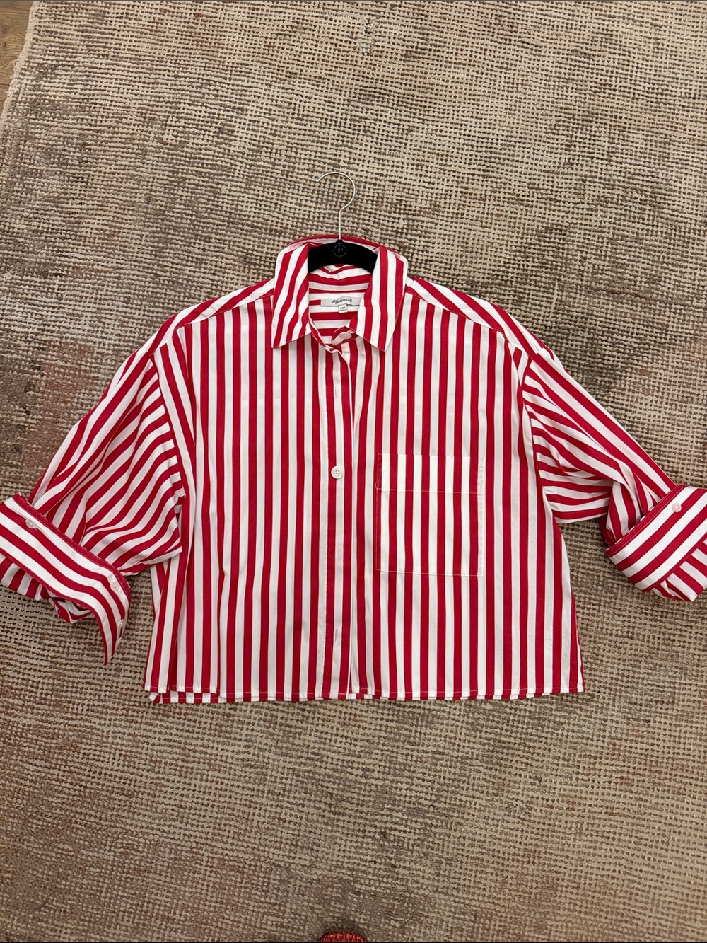 Madewell Red & White Striped cropped Button-Up Shirt